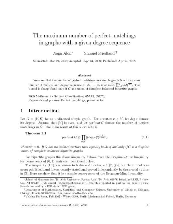 (PDF) The Maximum Number of Perfect Matchings in Graphs with a Given ...
