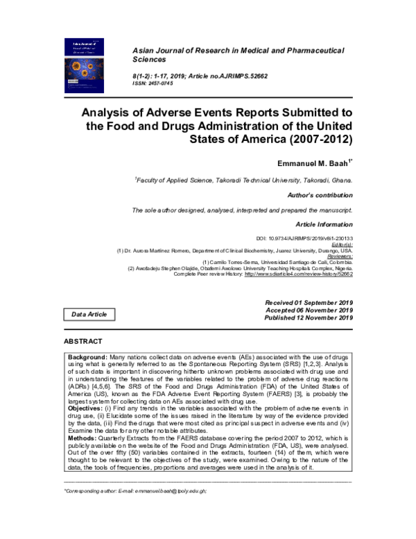 (PDF) Analysis of Adverse Events Reports Submitted to the Food and ...
