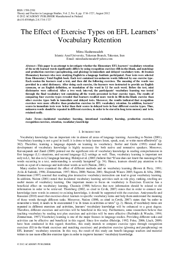 (PDF) The Effect of Exercise Types on EFL Learners’ Vocabulary Retention