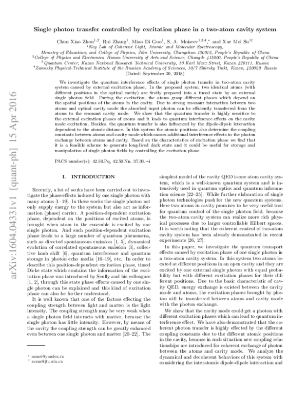(PDF) Single photon transfer controlled by excitation phase in a two ...