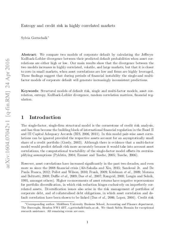 (PDF) Entropy measure of credit risk in highly correlated markets