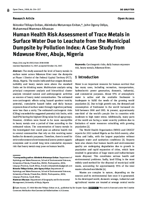 (PDF) Human Health Risk Assessment of Trace Metals in Surface Water Due ...