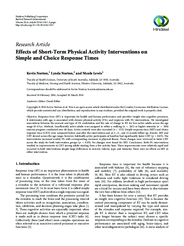 (PDF) Effects of Short-Term Physical Activity Interventions on Simple ...