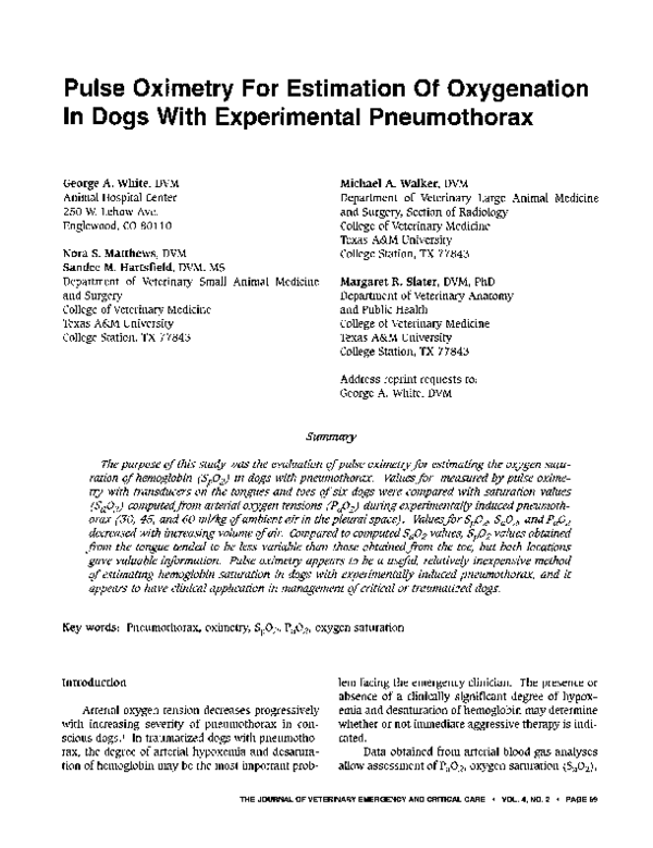 (PDF) Pulse Oximetry For Estimation Of Oxygenation In Dogs With