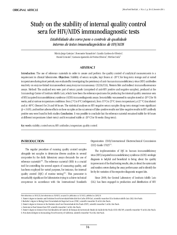 (PDF) Study on the stability of internal quality control sera for HIV ...