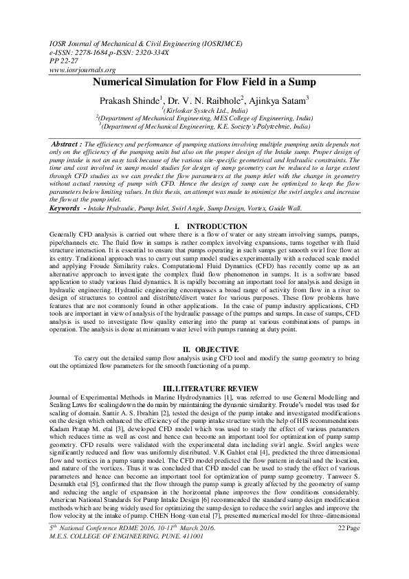 (PDF) Numerical Simulation for Flow Field in a Sump