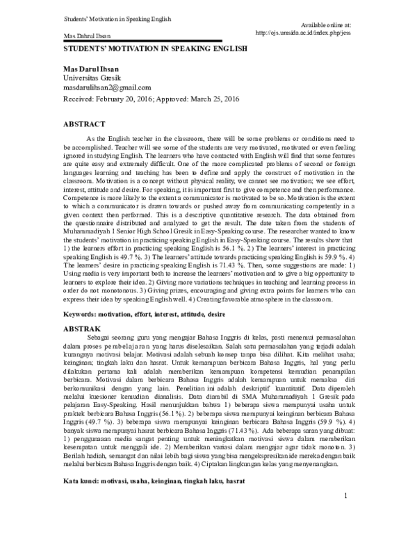 (PDF) Students’ Motivation in Speaking English