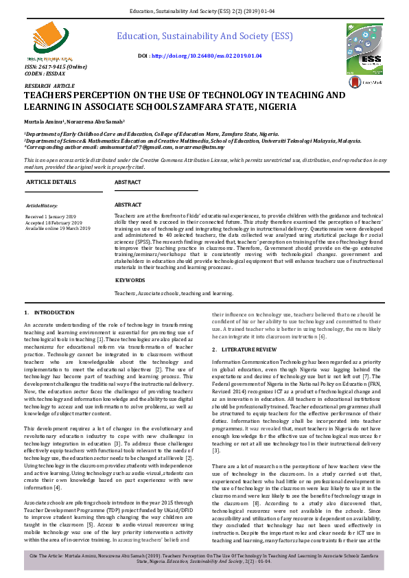 (PDF) Teachers Perception on the Use of Technology in Teaching and ...