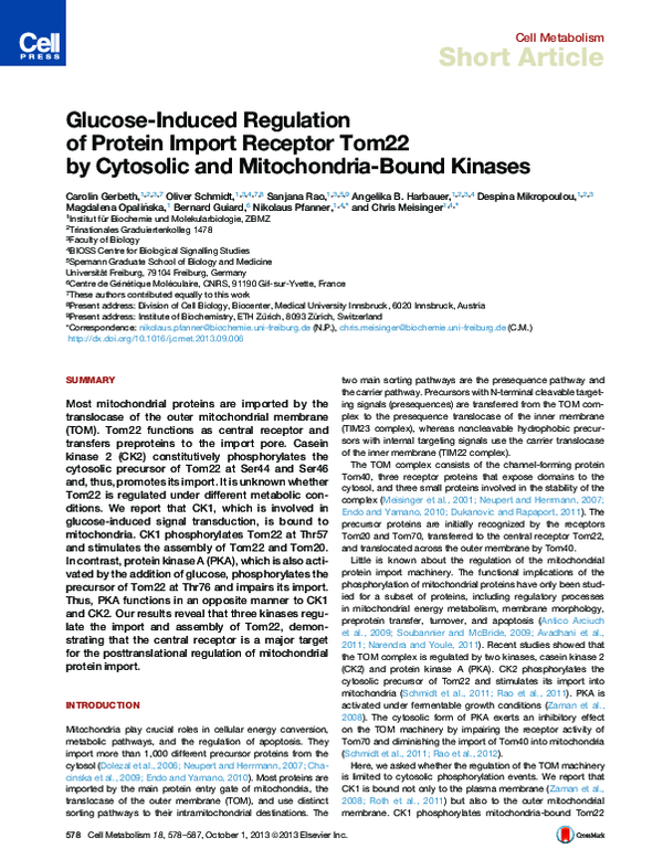 (PDF) Glucose-Induced Regulation of Protein Import Receptor Tom22 by ...