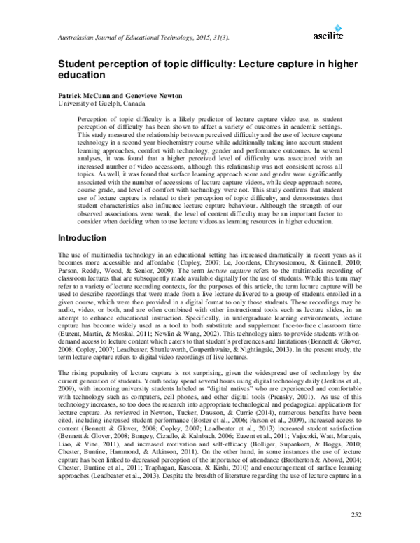 (PDF) Student perception of topic difficulty: Lecture capture in higher ...