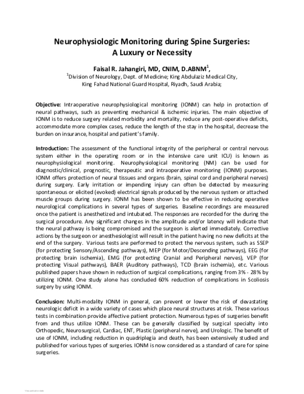 (PDF) Neurophysiologic Monitoring during Spine Surgeries: A Luxury or ...