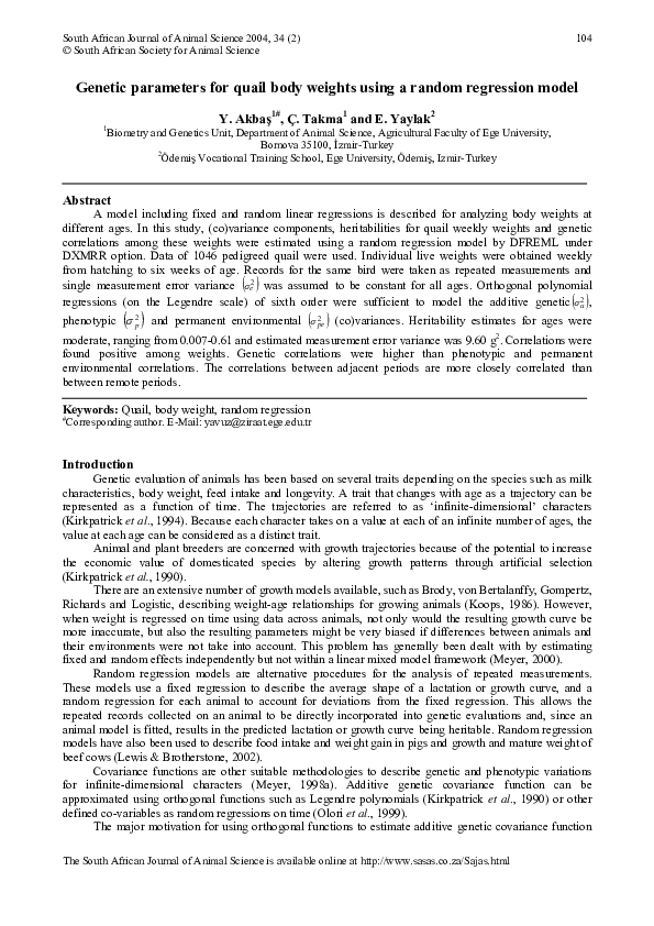 (PDF) Genetic parameters for quail body weights using a random ...