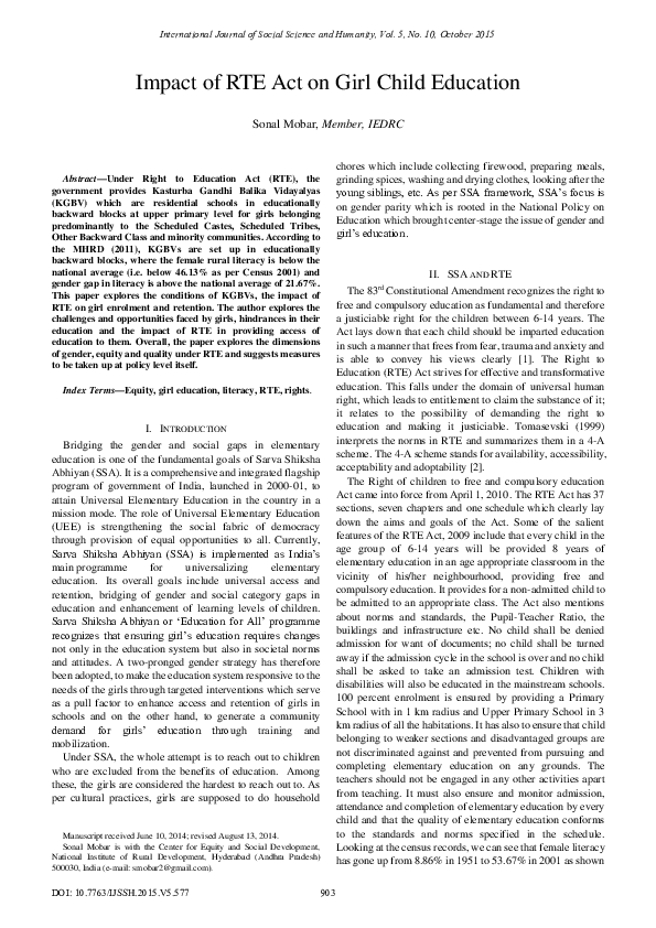 (PDF) Impact of RTE Act on Girl Child Education Sonal Mobar Roy