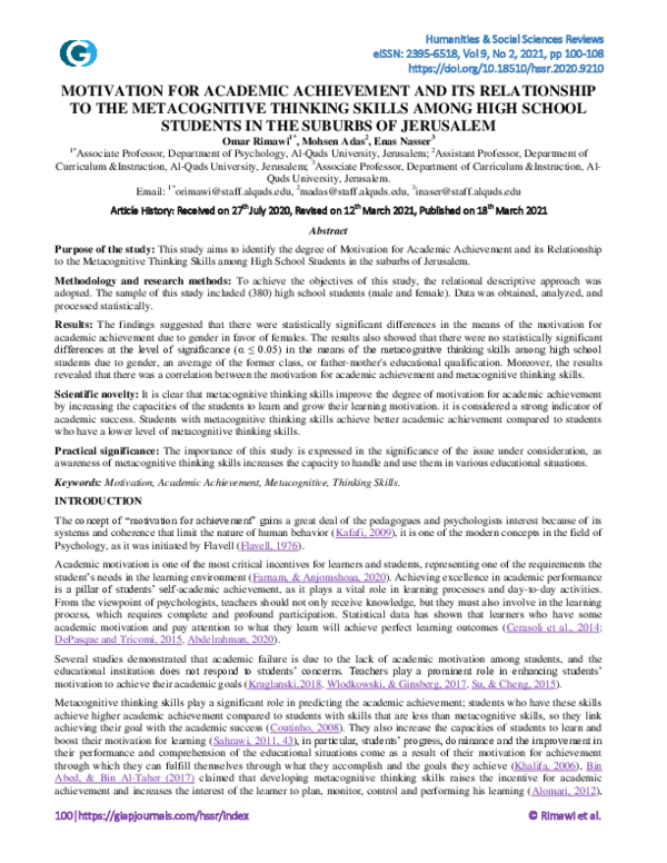 (PDF) Motivation for Academic Achievement and Its Relationship to the ...