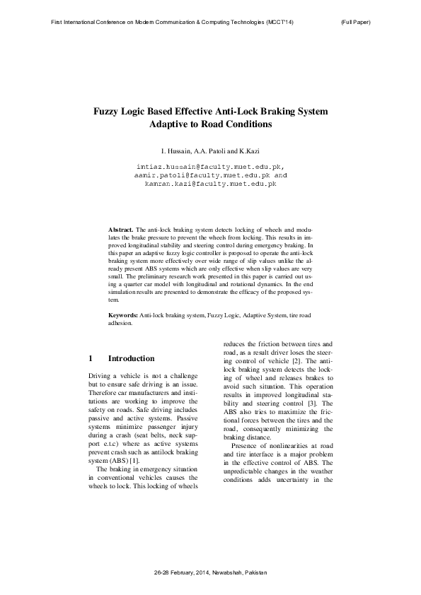 (PDF) Fuzzy Logic Based Effective AntiLock Braking System Adaptive to