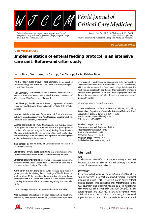 (PDF) Implementation of enteral feeding protocol in an intensive care