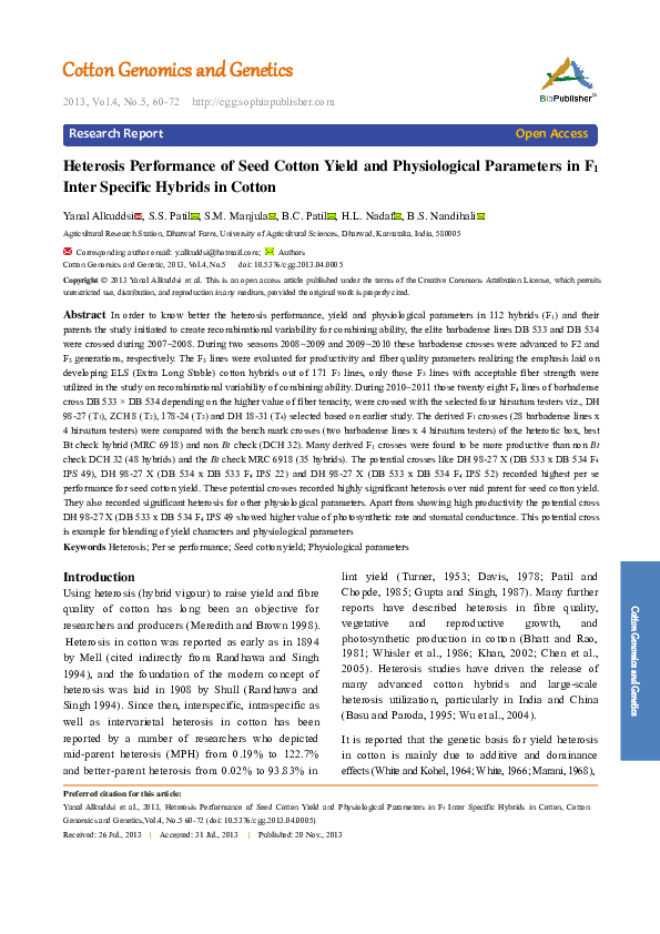 (PDF) Heterosis Performance of Seed Cotton Yield and Physiological ...