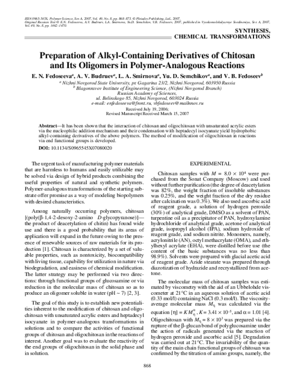(PDF) Preparation of alkyl-containing derivatives of chitosan and its ...