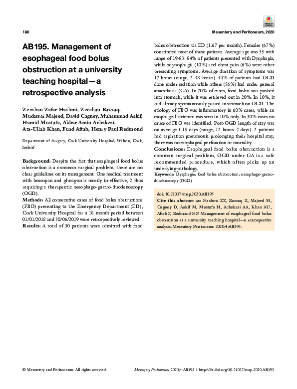 (PDF) AB195. Management of esophageal food bolus obstruction at a ...