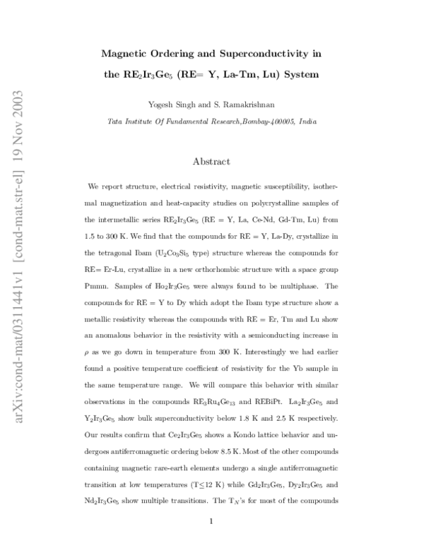 (PDF) Magnetic ordering and superconductivity in the R2Ir3Ge5 (R=Y, La ...