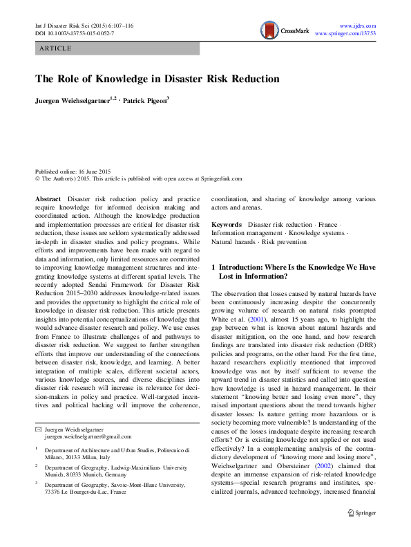 (PDF) The Role of Knowledge in Disaster Risk Reduction