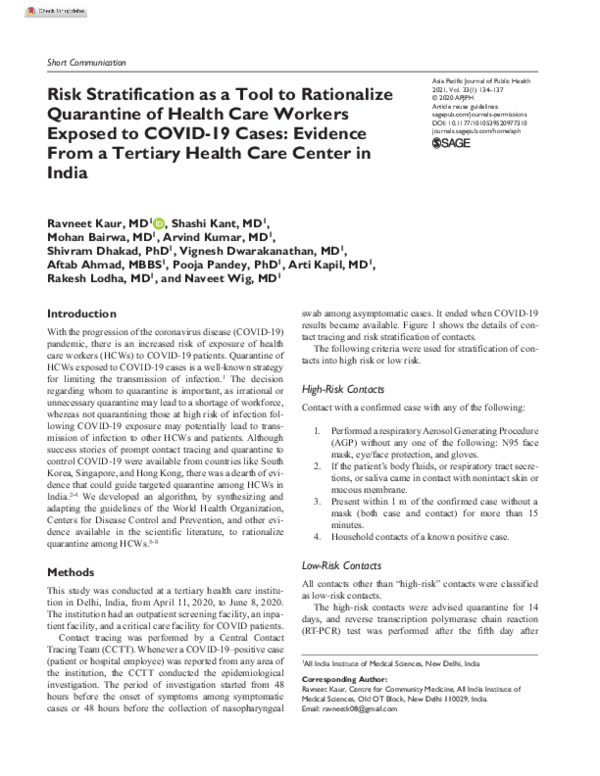 (PDF) Risk Stratification as a Tool to Rationalize Quarantine of Health ...