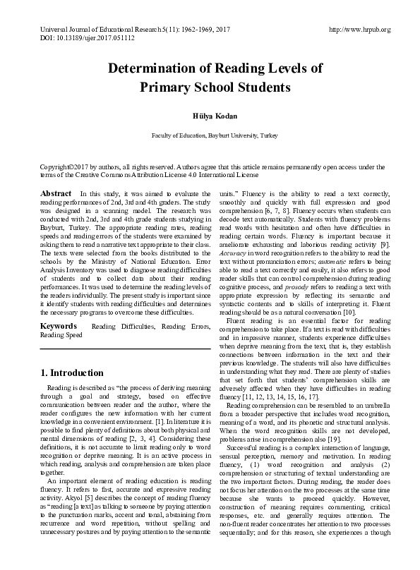 (PDF) Determination of Reading Levels of Primary School Students