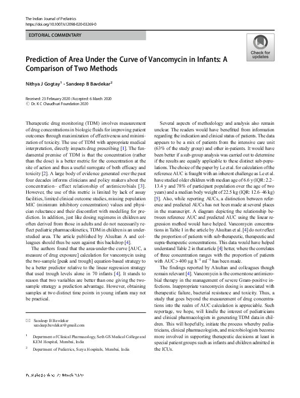 (PDF) Prediction of Area Under the Curve of Vancomycin in Infants: A ...