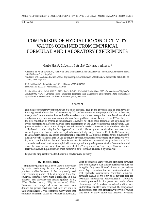 (PDF) Comparison of Hydraulic Conductivity Values Obtained from ...