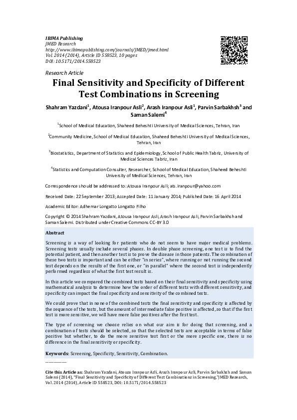 (PDF) Final Sensitivity and Specificity of Different Test Combinations ...