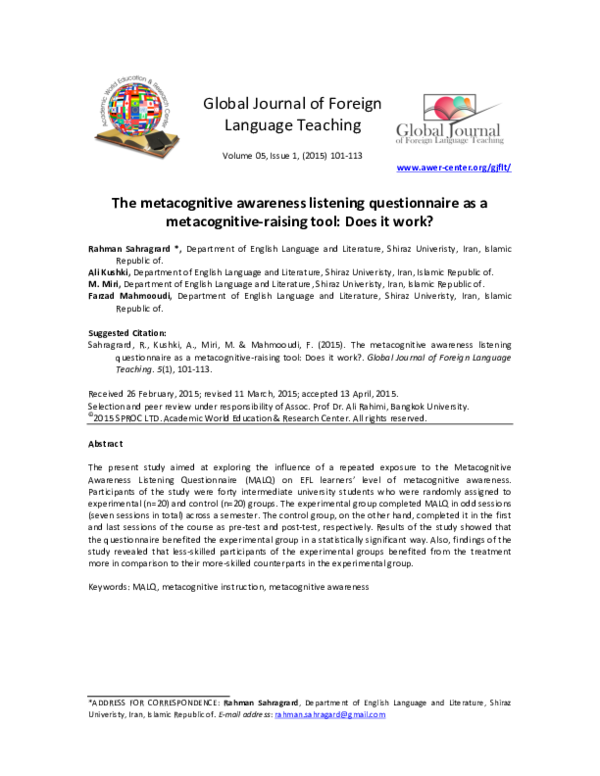 (PDF) The metacognitive awareness listening questionnaire as a ...