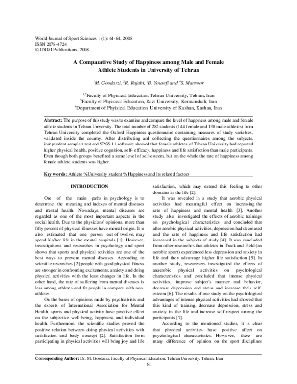 (PDF) A Comparative Study of Happiness among Male and Female Athlete ...