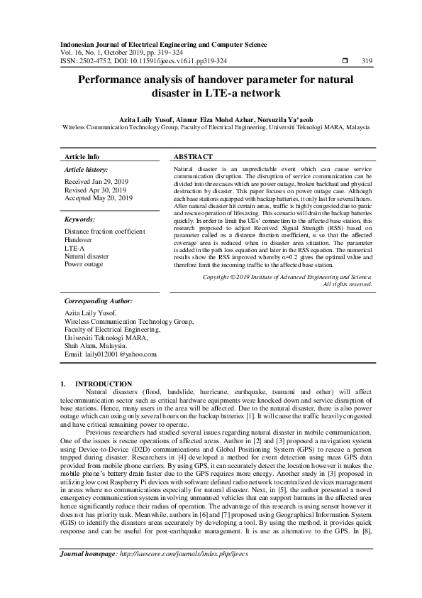 (PDF) Performance analysis of handover parameter for natural disaster ...