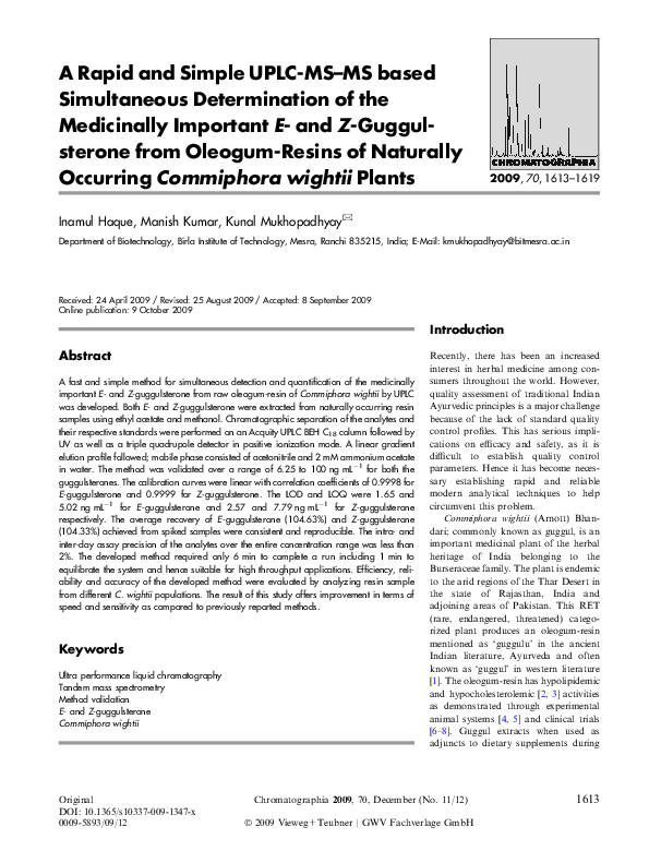 (PDF) A Rapid and Simple UPLC-MS–MS based Simultaneous Determination of ...