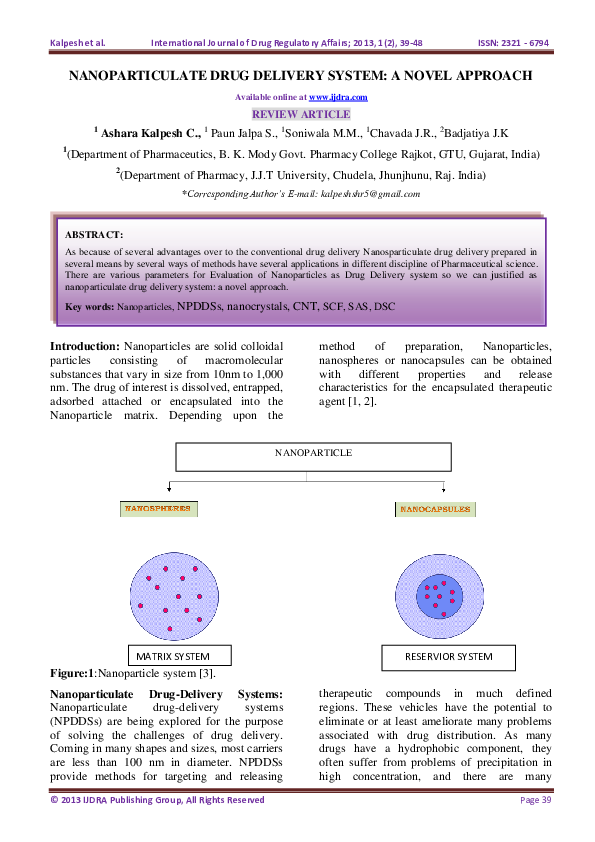 (PDF) Nanoparticulate Drug Delivery System: A Novel Approach