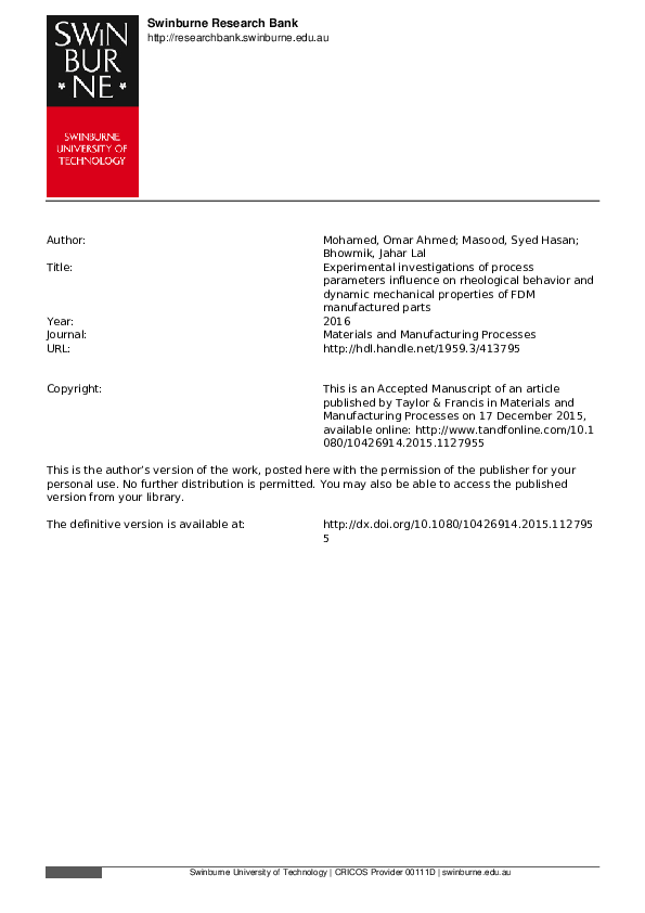 (PDF) Experimental Investigations of Process Parameters Influence on ...