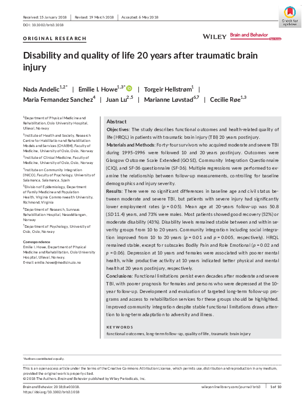 (PDF) Disability and quality of life 20 years after traumatic brain injury