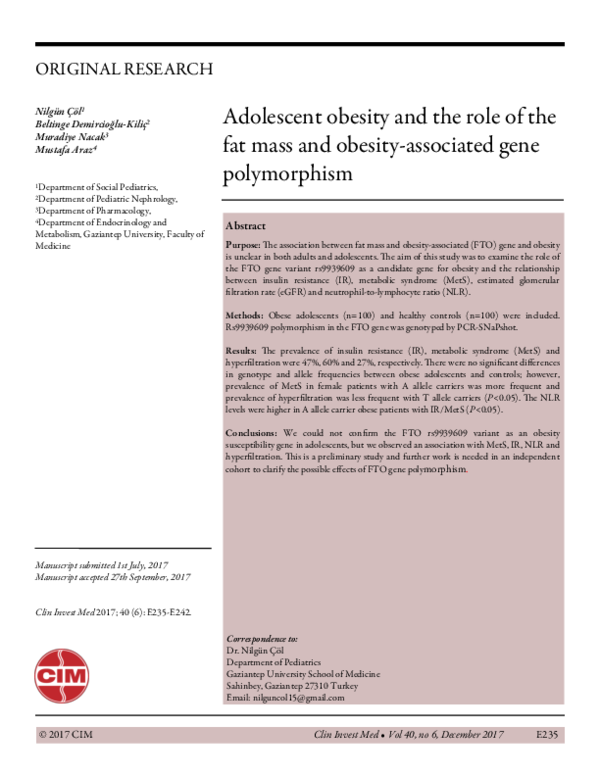 (PDF) Adolescent obesity and the role of the fat mass and obesity ...