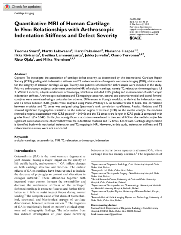 (PDF) Quantitative MRI of Human Cartilage In Vivo: Relationships with ...