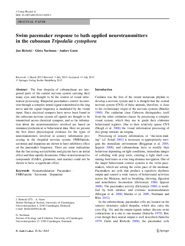 (PDF) Swim pacemaker response to bath applied neurotransmitters in the ...