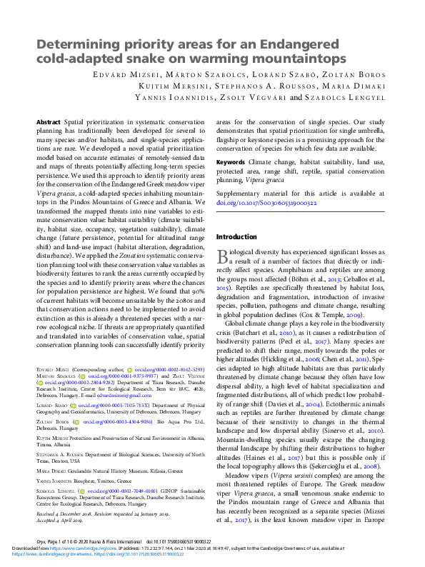 (PDF) Determining priority areas for an Endangered cold-adapted snake ...