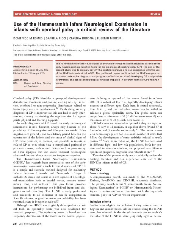 (PDF) Use of the Hammersmith Infant Neurological Examination in infants