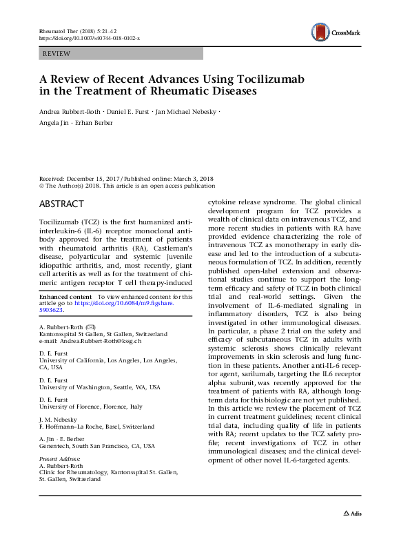 (PDF) A Review of Recent Advances Using Tocilizumab in the Treatment of ...