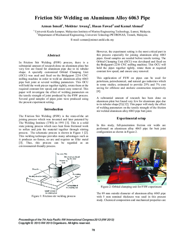 (PDF) Friction stir welding on aluminum alloy 6063 pipe