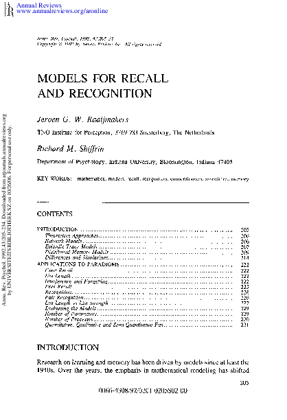 (PDF) Models for Recall and Recognition