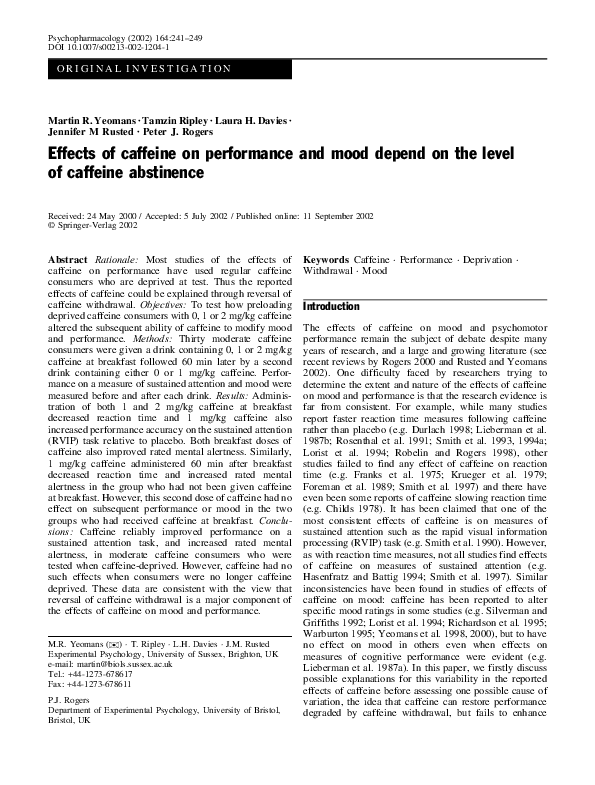 (PDF) Effects of Caffeine on Performance and Mood Depend on the Level ...