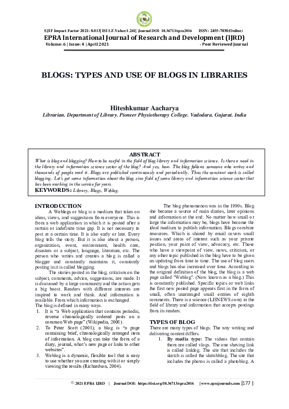 (PDF) BLOGS: TYPES AND USE OF BLOGS IN LIBRARIES
