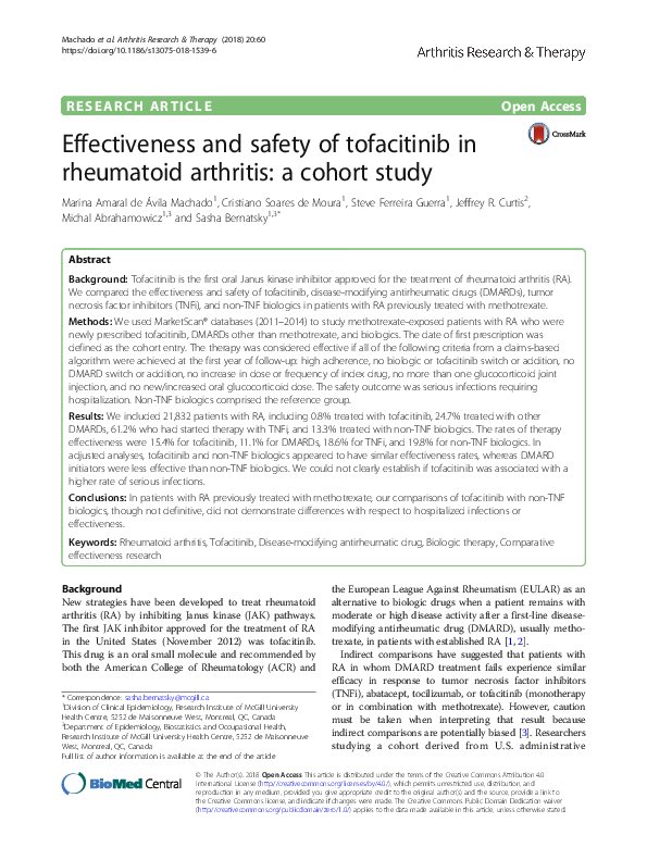 (PDF) Effectiveness and safety of tofacitinib in rheumatoid arthritis ...