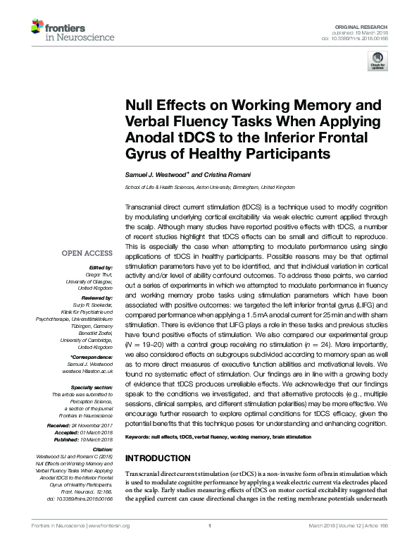 (PDF) Null Effects on Working Memory and Verbal Fluency Tasks When ...