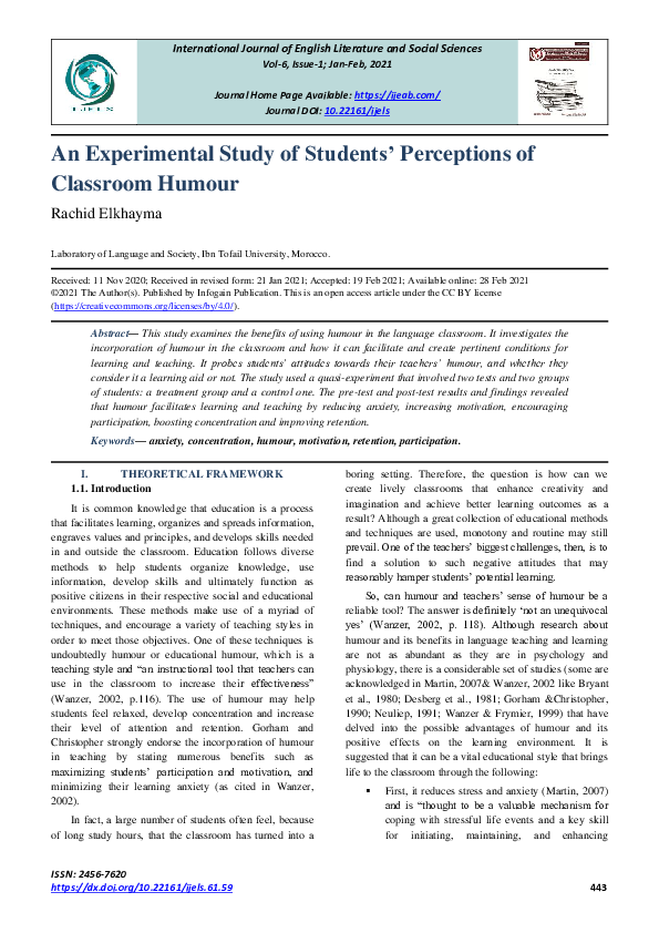 (PDF) An Experimental Study of Students' Perceptions of Classroom Humour